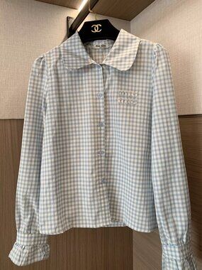 Miu Miu Blue and White Gingham Collar Button-Up Blouse